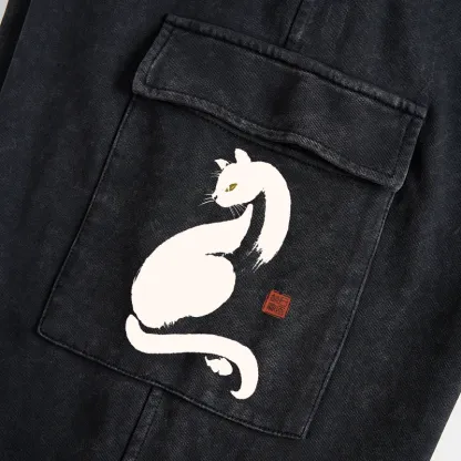 Tokyo-Tiger Elegant Black Cat Japan Washed Utility Sweatpants