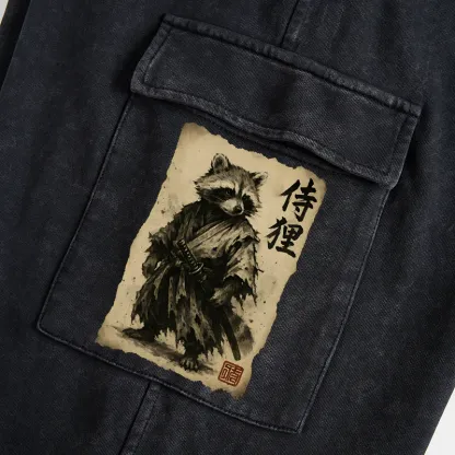 Tokyo-Tiger Retro Raccoon Samurai Washed Utility Sweatpants