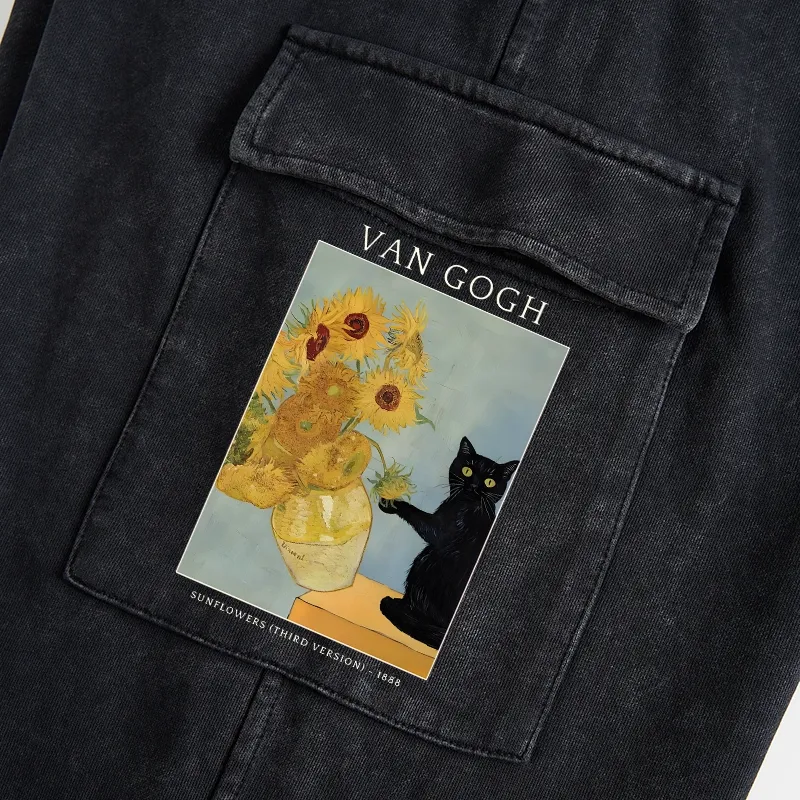 Tokyo-Tiger Black Cat With Sunflowers Washed Utility Sweatpants
