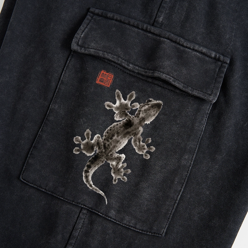 Tokyo-Tiger Minimal Asian Ink Brush Gecko Vibe Washed Utility Sweatpants