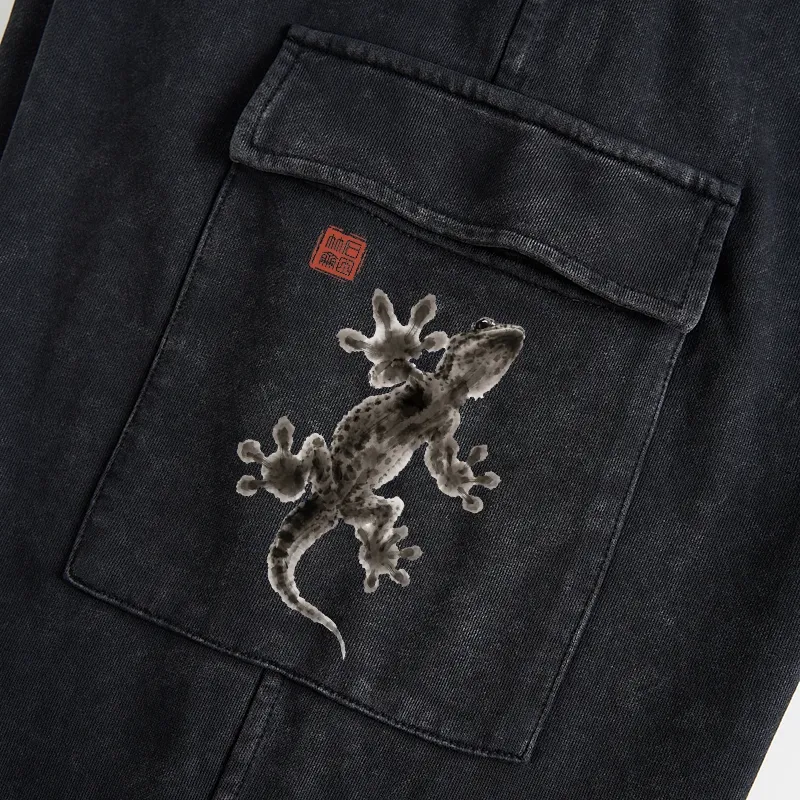 Tokyo-Tiger Minimal Asian Ink Brush Gecko Vibe Washed Utility Sweatpants