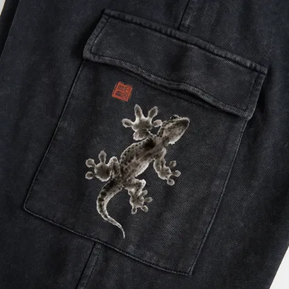 Tokyo-Tiger Minimal Asian Ink Brush Gecko Vibe Washed Utility Sweatpants