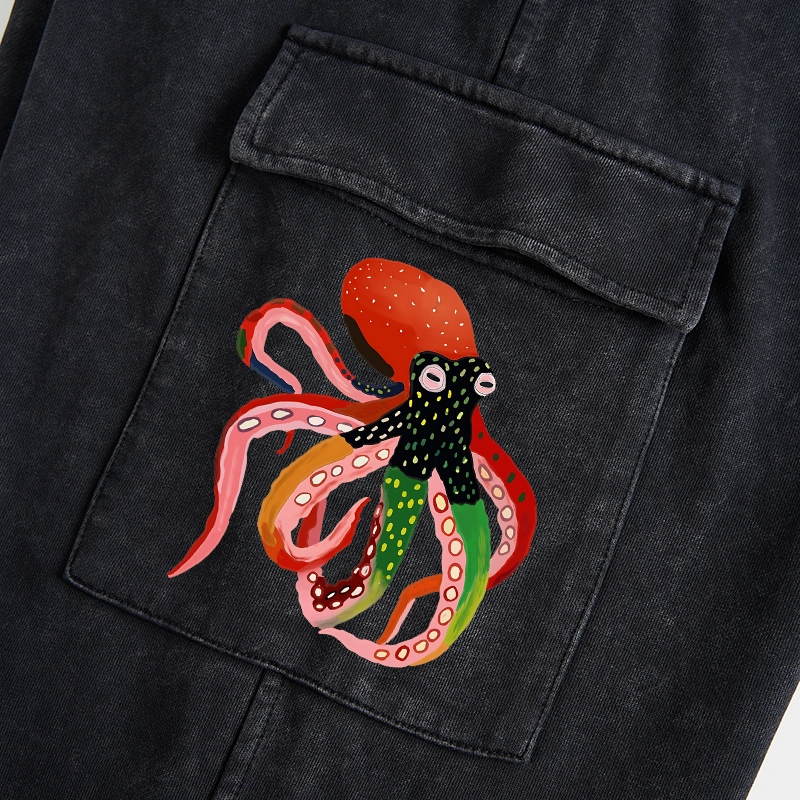 Tokyo-Tiger Colorful Octopus Art Washed Utility Sweatpants