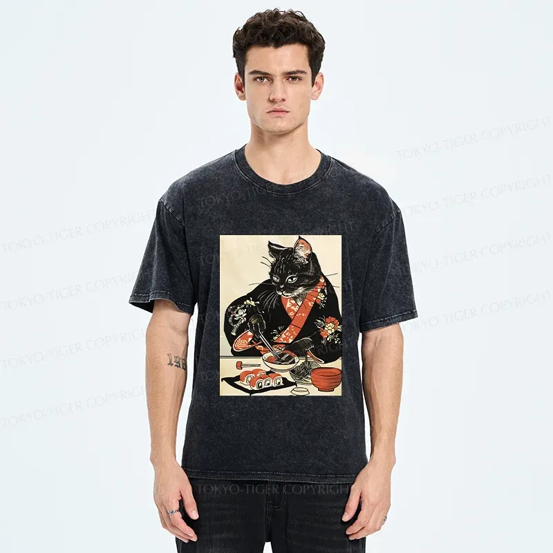 Tokyo-Tiger Cat Cut Sushi Washed T-Shirt
