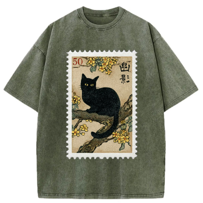 Tokyo-Tiger Golden Blossom Black Cat Post Washed T-Shirt
