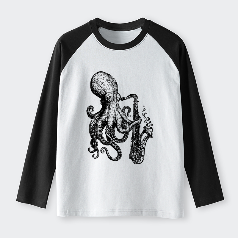 Tokyo-Tiger Octopus Playing Saxophone Raglan Long Sleeve T-shirt