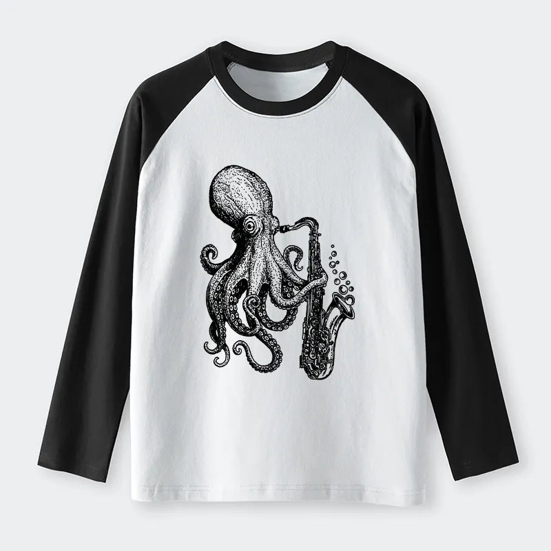Tokyo-Tiger Octopus Playing Saxophone Raglan Long Sleeve T-shirt