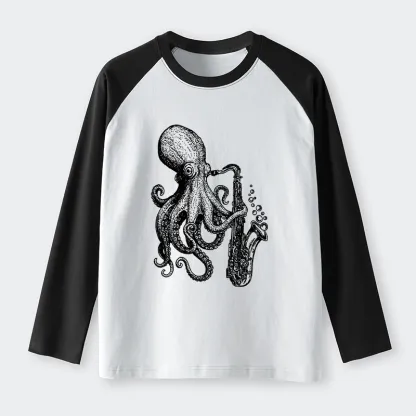 Tokyo-Tiger Octopus Playing Saxophone Raglan Long Sleeve T-shirt