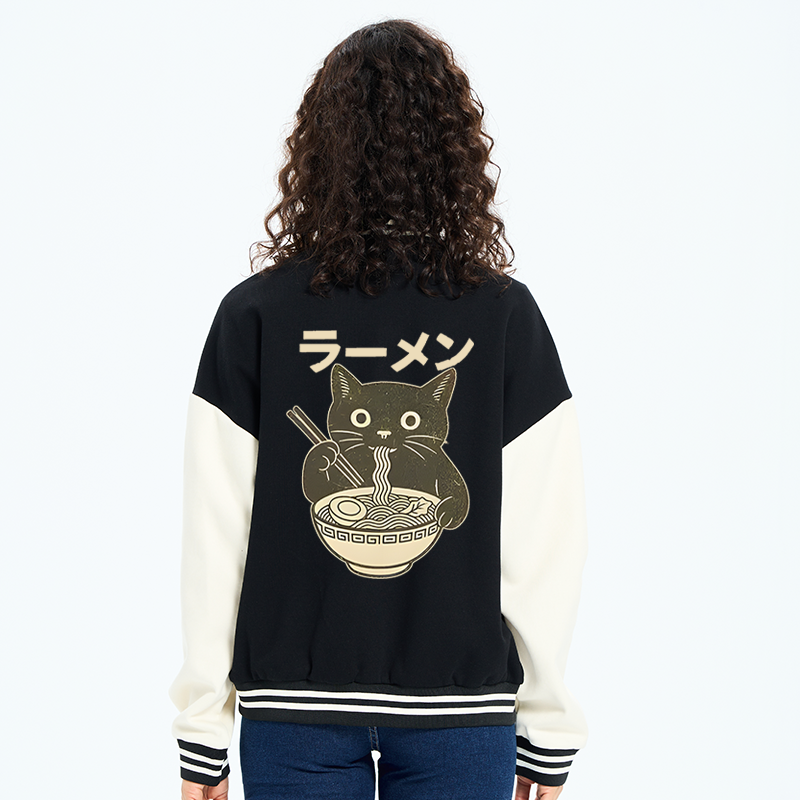 Tokyo-Tiger Simple Black Cat Eating Ramen Embroidery Varsity Jacket