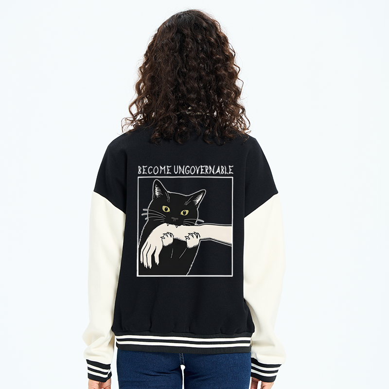 Tokyo-Tiger Black Cat Biting Embroidery Varsity Jacket