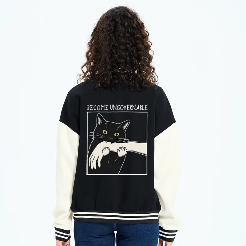 Tokyo-Tiger Black Cat Biting Embroidery Varsity Jacket