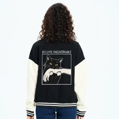 Tokyo-Tiger Black Cat Biting Embroidery Varsity Jacket