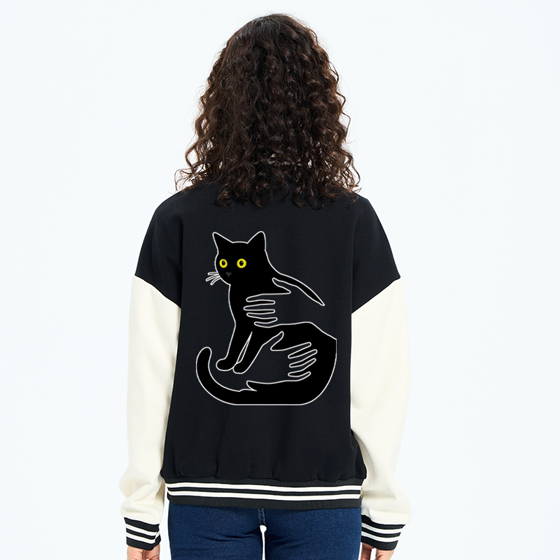 Tokyo-Tiger Hug A Black Cat Embroidery Varsity Jacket