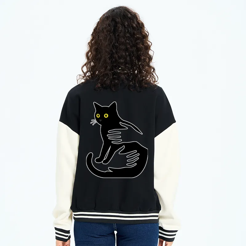 Tokyo-Tiger Hug A Black Cat Embroidery Varsity Jacket
