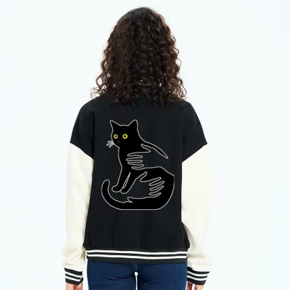 Tokyo-Tiger Hug A Black Cat Embroidery Varsity Jacket