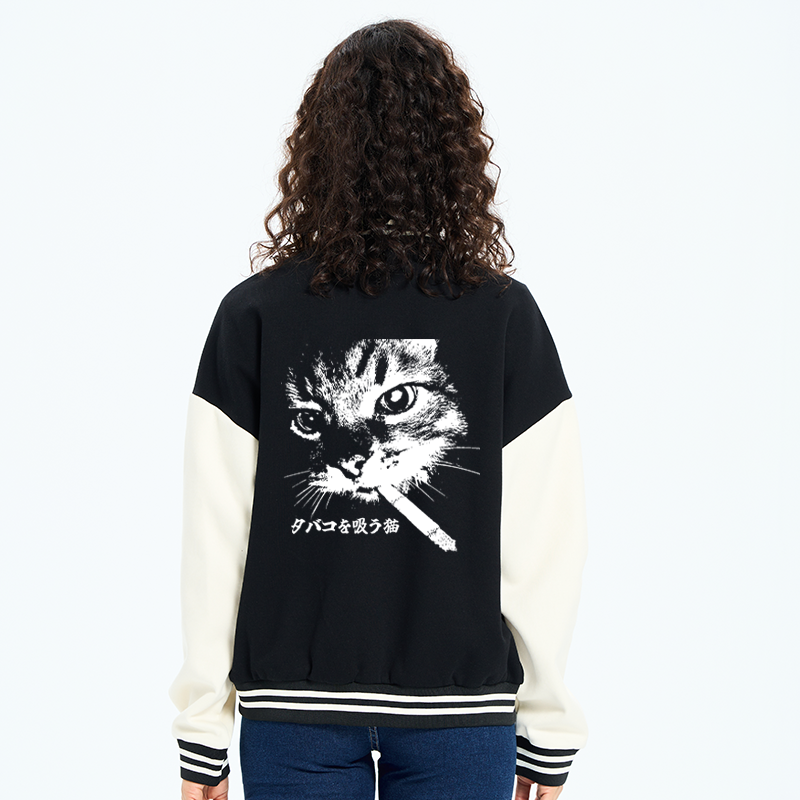 Tokyo-Tiger Retro Cat Smoking Embroidery Varsity Jacket