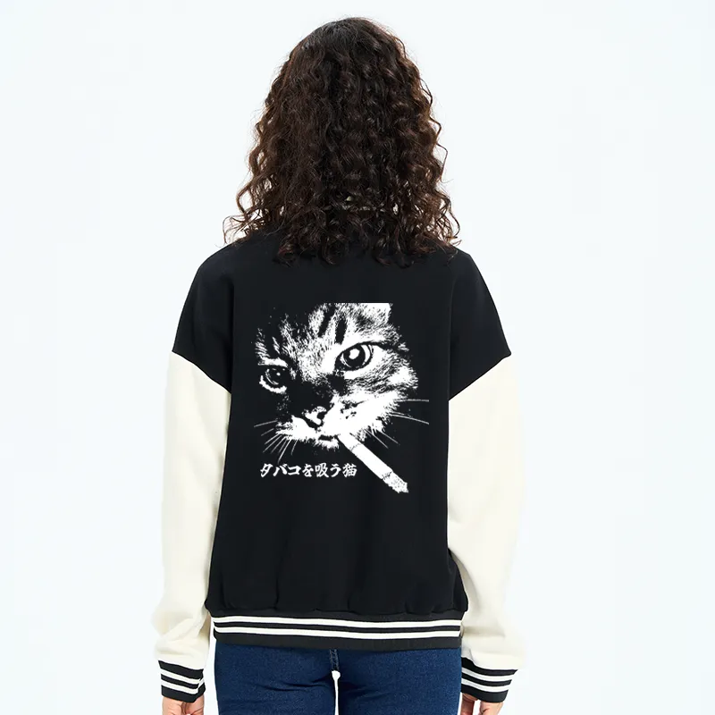 Tokyo-Tiger Retro Cat Smoking Embroidery Varsity Jacket