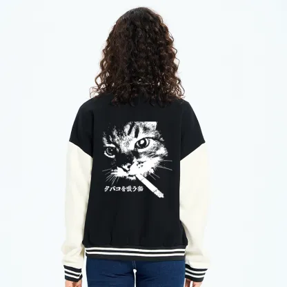 Tokyo-Tiger Retro Cat Smoking Embroidery Varsity Jacket
