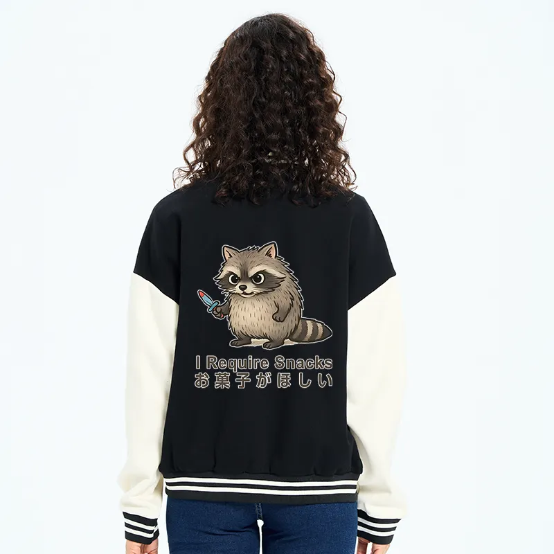 Tokyo-Tiger Raccoons Need Snacks Funny Embroidery Varsity Jacket