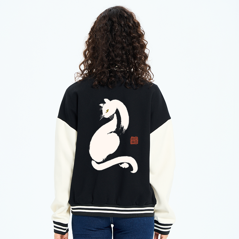Tokyo-Tiger Elegant Black Cat Japan Embroidery Varsity Jacket