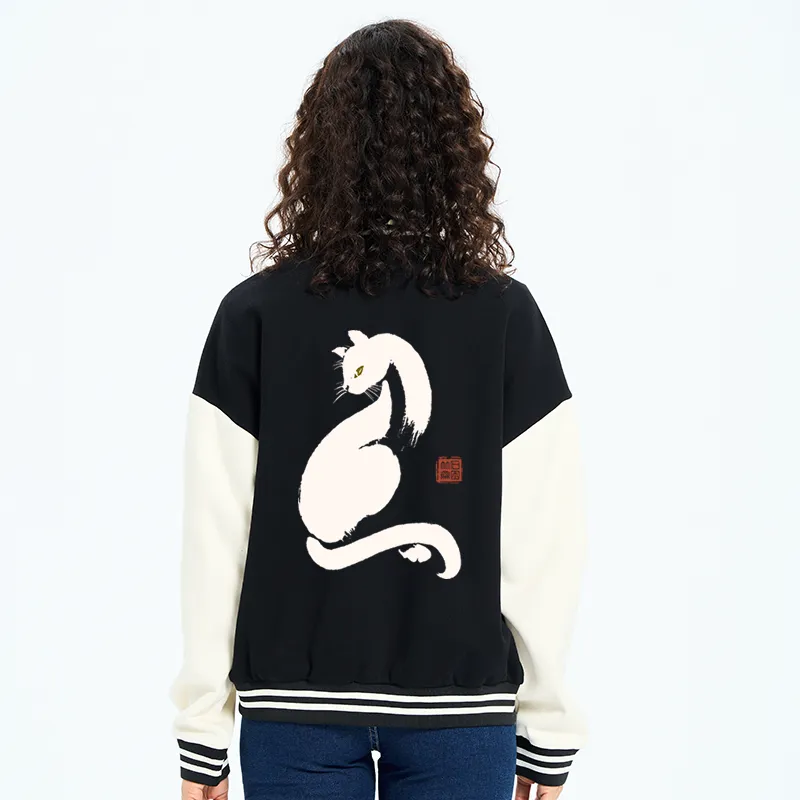 Tokyo-Tiger Elegant Black Cat Japan Embroidery Varsity Jacket