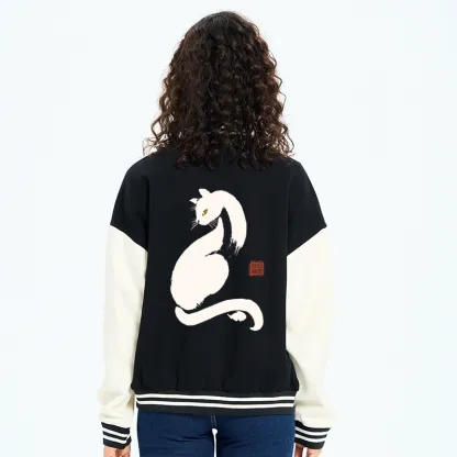 Tokyo-Tiger Elegant Black Cat Japan Embroidery Varsity Jacket