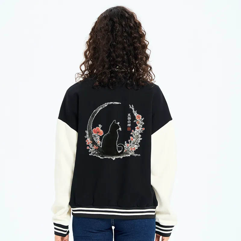 Tokyo-Tiger Black Cat And Flowers Embroidery Varsity Jacket