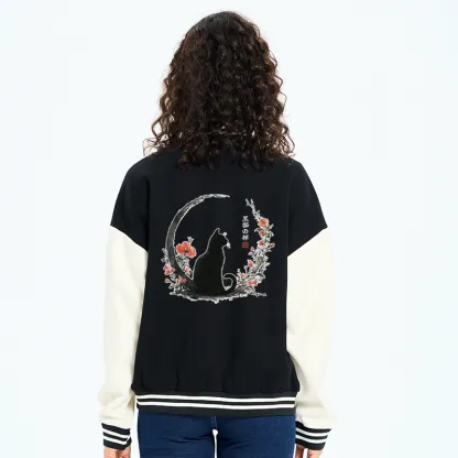 Tokyo-Tiger Black Cat And Flowers Embroidery Varsity Jacket