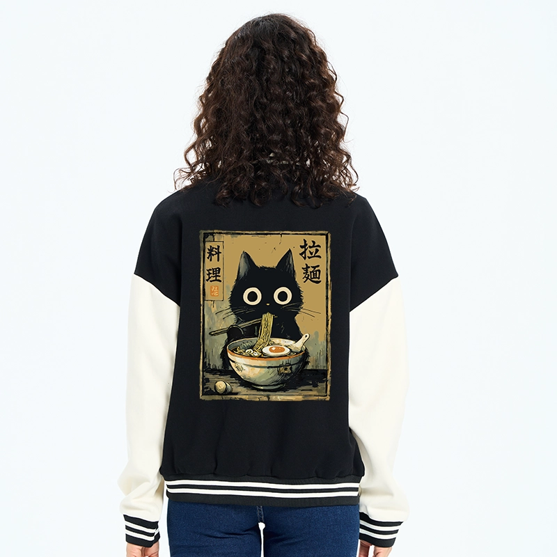 Tokyo-Tiger Cute Black Cat Eating Ramen Japan Embroidery Varsity Jacket