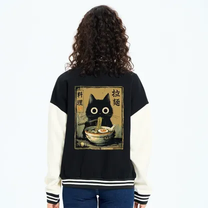 Tokyo-Tiger Cute Black Cat Eating Ramen Japan Embroidery Varsity Jacket