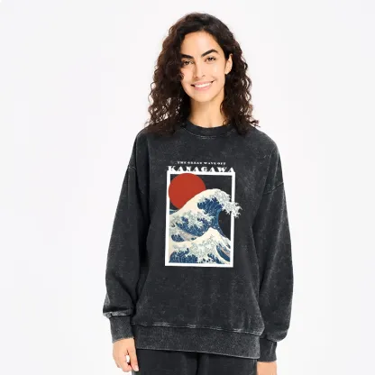 Tokyo-Tiger Minimalist Ukiyo-e Waves Washed Sweatshirt