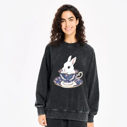 Tokyo-Tiger Cute Rabbit Tea Set Washed Sweatshirt