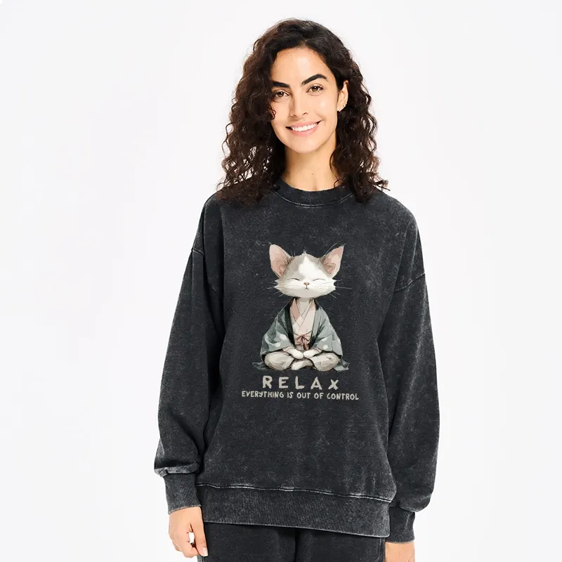 Tokyo-Tiger Zen Cat Relaxation，Everything's Out Of Control Washed Sweatshirt