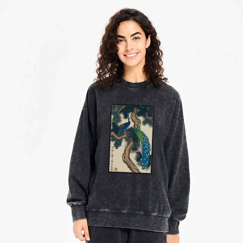 Tokyo-Tiger Peacocks in Snowy Pines Washed Sweatshirt
