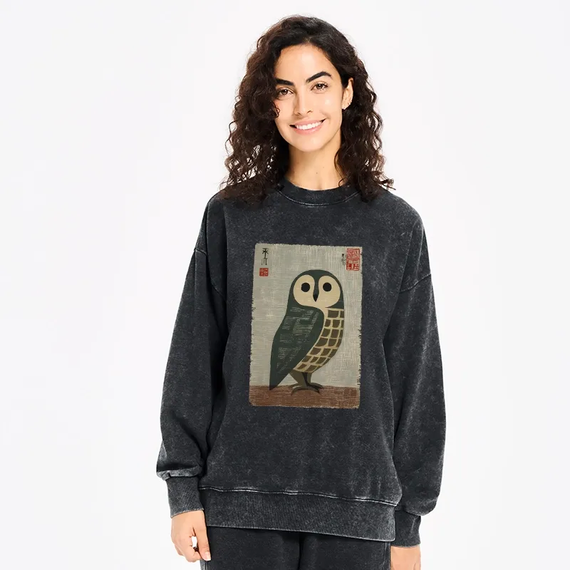 Tokyo-Tiger Traditional Owl In Japanese Art Washed Sweatshirt