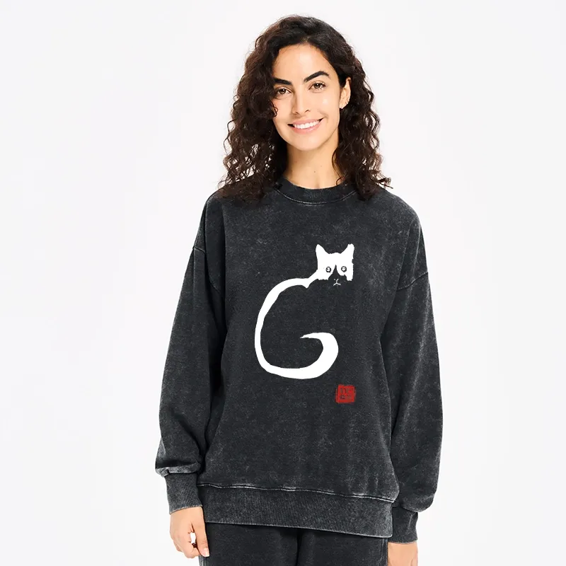 Tokyo-Tiger Calm Cat In Simple Lines Washed Sweatshirt