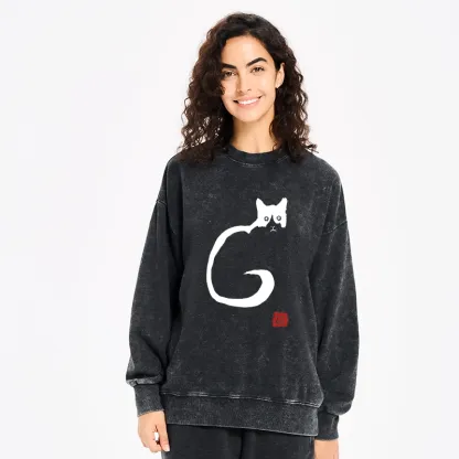 Tokyo-Tiger Calm Cat In Simple Lines Washed Sweatshirt