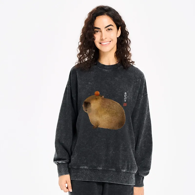 Tokyo-Tiger Calm Capybara Illustration Washed Sweatshirt