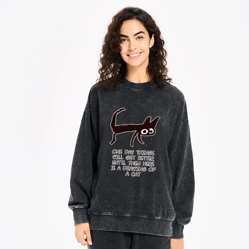 Tokyo-Tiger Cat Cheer Up Drawing Washed Sweatshirt