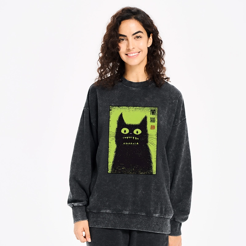 Tokyo-Tiger Spooky Black Cat Japanese Washed Sweatshirt