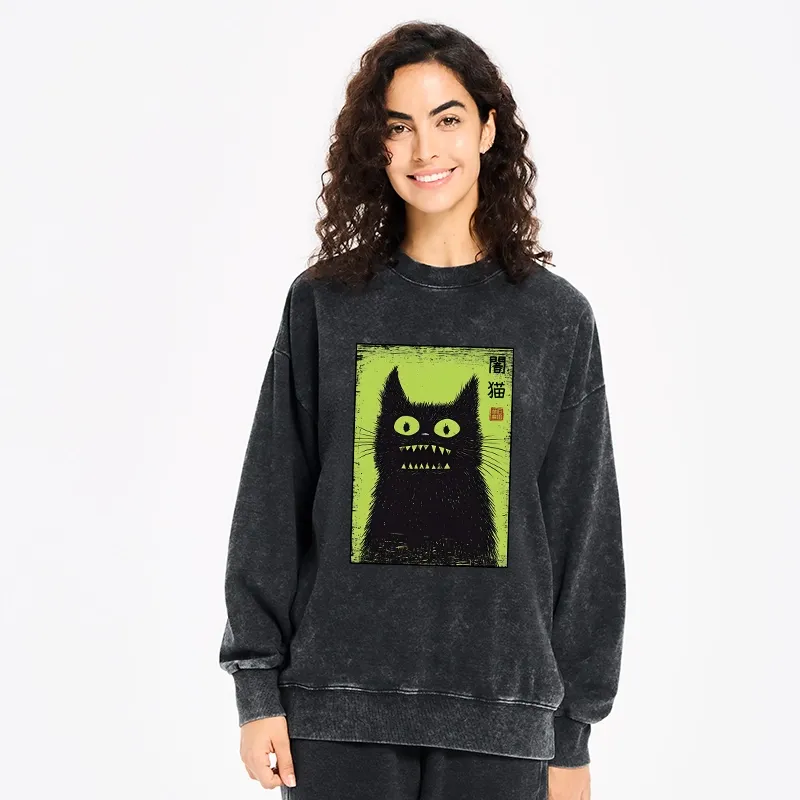 Tokyo-Tiger Spooky Black Cat Japanese Washed Sweatshirt