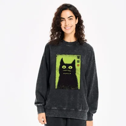 Tokyo-Tiger Spooky Black Cat Japanese Washed Sweatshirt