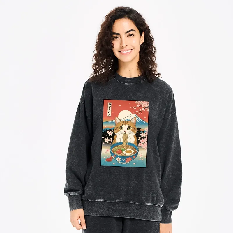 Tokyo-Tiger Funny Orange Cat Eating Ramen Japan Washed Sweatshirt