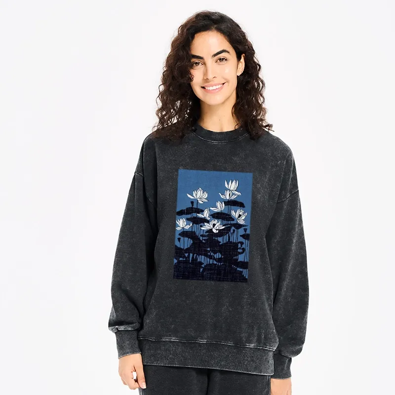 Tokyo-Tiger Blue Lotus Japanese Art Washed Sweatshirt