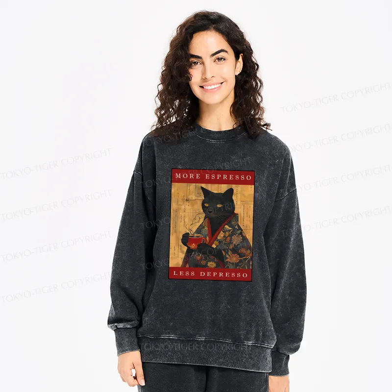 Tokyo-Tiger More Espresso Less Depresso Cat Washed Sweatshirt