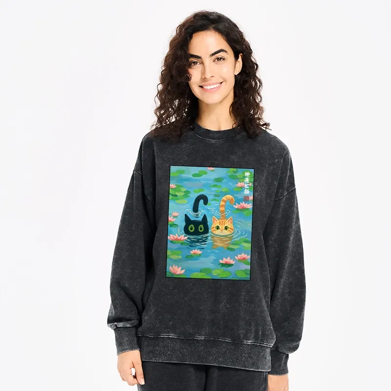 Tokyo-Tiger Cats In The Lotus Pond Washed Sweatshirt
