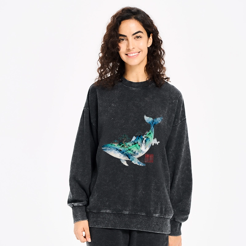 Tokyo-Tiger Whale Ink Painting Landscape Washed Sweatshirt