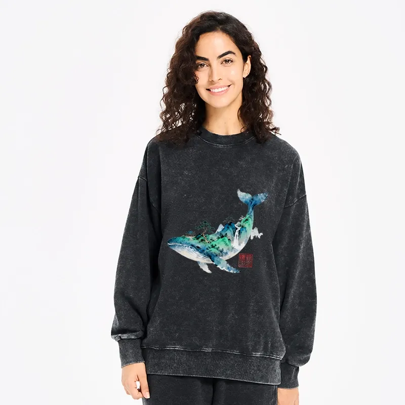 Tokyo-Tiger Whale Ink Painting Landscape Washed Sweatshirt