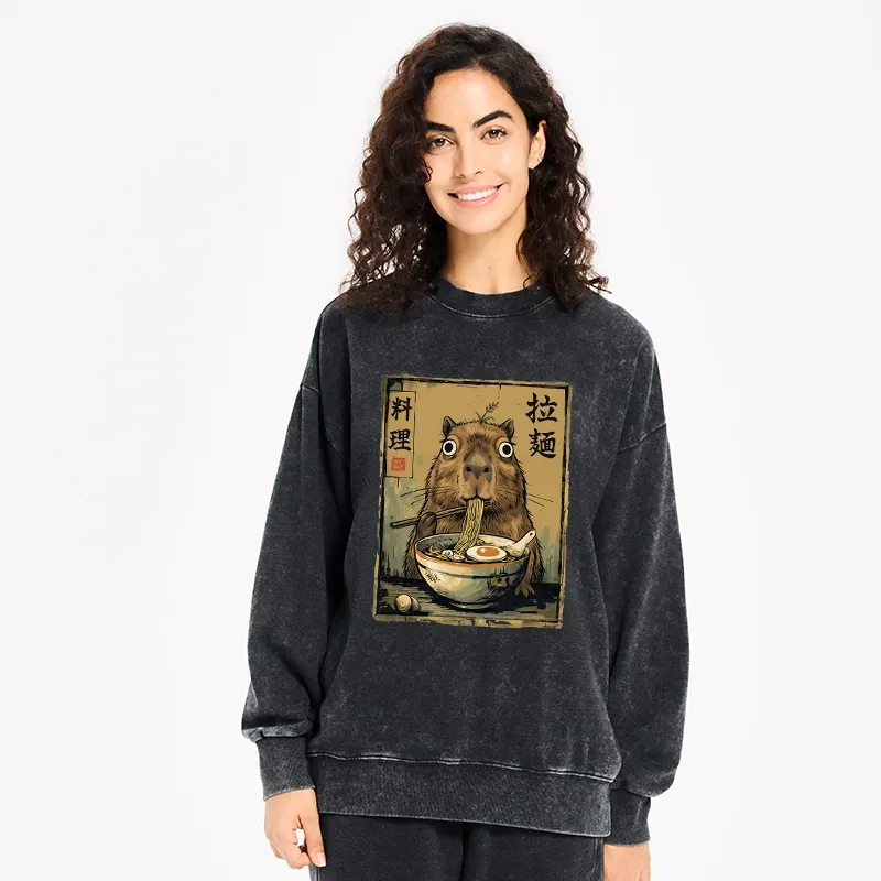 Tokyo-Tiger Cute Capybara Eating Ramen Washed Sweatshirt