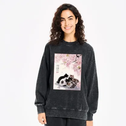 Tokyo-Tiger Cute Cats Sakura Garden Washed Sweatshirt